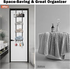 HarJue Over The Door Towel Racks, No Drill Towel Storage with Basket & Hooks, Space-Saving Multi-Functional Towel Holder for Bathrooms, bedrooms, Apartments, RVs (Matte Black)