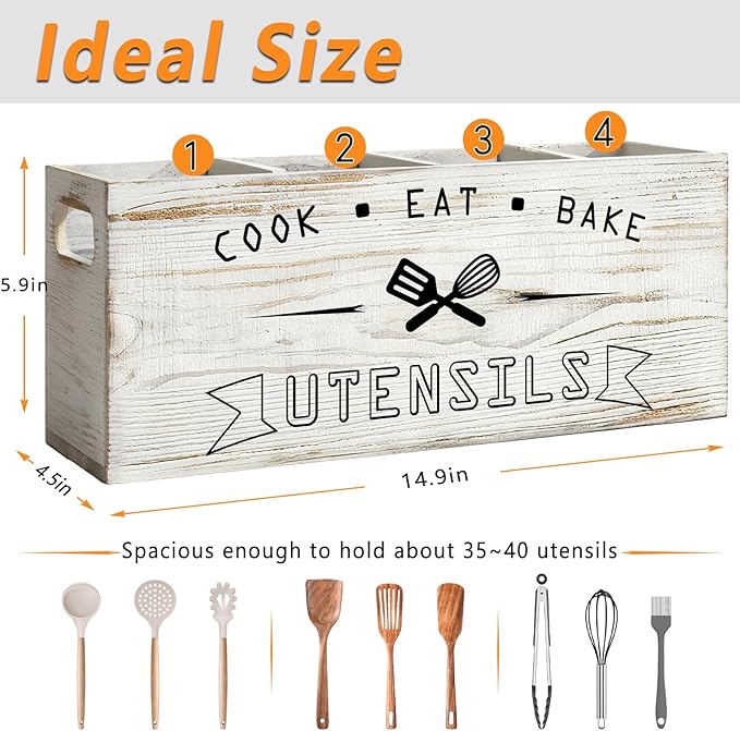 Extra Large and Durable Retro White Wooden Kitchen Utensil Holder - Ideal Kitchen Decor for Countertop with Party and Home Use （Retro White Extra Large）