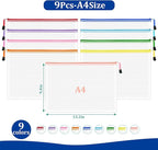 9pcs A4 Mesh Zipper Pouch Bags, 9 Colors, PVC Material, Reusable, Transparent, Zip Closure, Perfect for Toy Storage, Office Organization