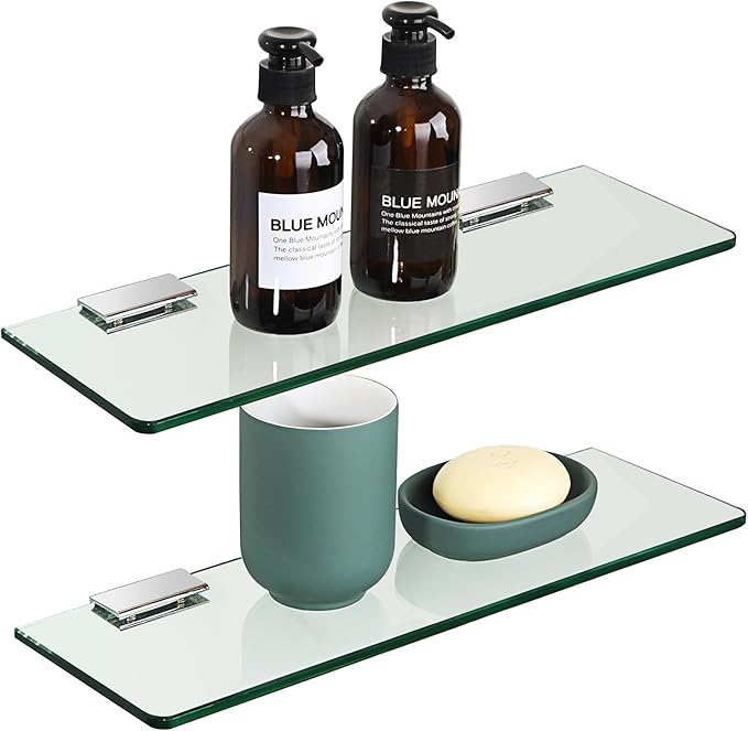 SAYAYO Floating Glass Shelves for Bathroom, 2/7 Inch Thicken Tempered Glass Shelf for Wall, 15 x 5 Inch 2 Pcs, Clear