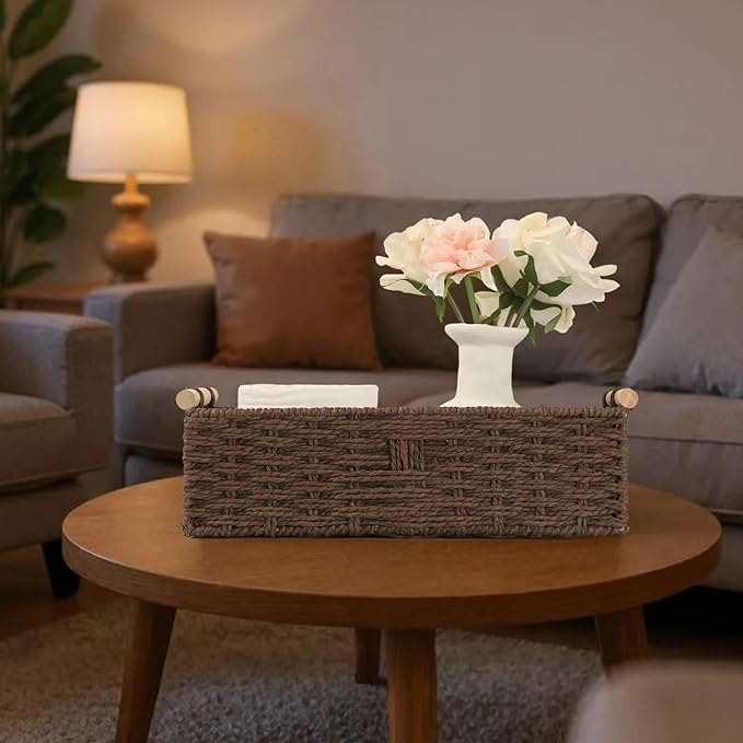 Toilet Paper Wicker Basket, Paper Rope Storage Basket with Wooden Handle, Wicker Baskets for Organizing, Decorative Storage Wicker Bins for Countertop, Small Basket Fits with Any Decor