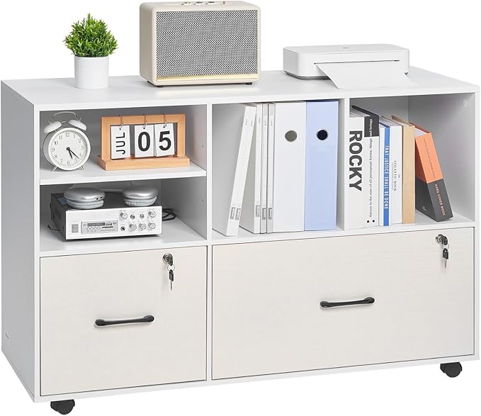 VEVOR 2 Drawer Wooden File Cabinet, Mobile Filing Cabinet with Open Shelves, Lockable Lateral Rolling File Storage with Adjustable Shelves, Free Standing Printer Stand for Home Office School, White