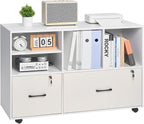 VEVOR 2 Drawer Wooden File Cabinet, Mobile Filing Cabinet with Open Shelves, Lockable Lateral Rolling File Storage with Adjustable Shelves, Free Standing Printer Stand for Home Office School, White