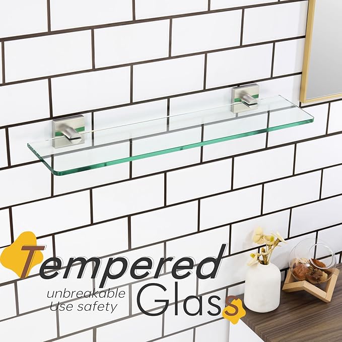 KOKOSIRI Floating Shelves Wall Mount 20-Inch Bathroom Tempered Glass Shelf for Kitchen Storage Shower Hanging Rack, Brushed Stainless Steel B1107BR-L20