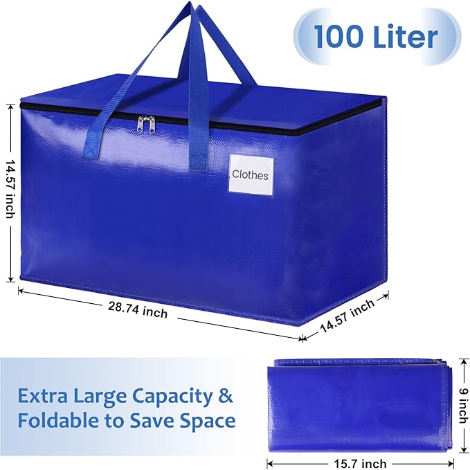 Moving Bags, Storage Bags with Sturdy Handles and Heavy Duty Zippers, Storage Totes for Space Saving, Moving & Storage, Collapsible Moving Supplies(100L, 8-Pack, Blue)