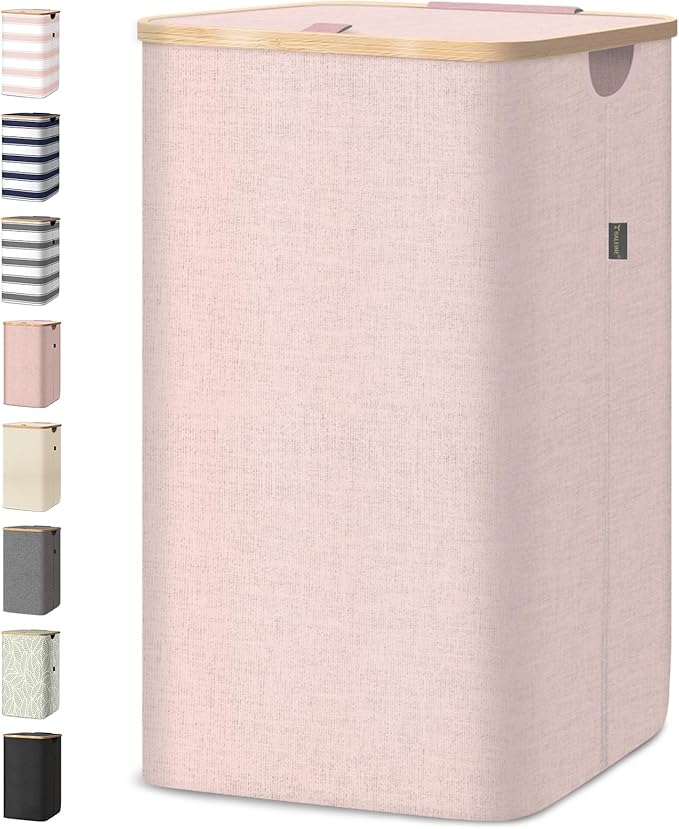 BALEINE Laundry Hamper with Lid, Tall Laundry Baskets with Bamboo Pull Handles, Large Laundry Bin with Internal Support (18 Gal/70L, Pink)
