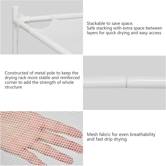 Sweater Drying Rack Flat, Metal Tube Mesh Clothes Drying Rack for Laundry with Rubber Feet, Stackable Laundry Clothing Dryer Rack for Art, Clothes, Indoor & Outdoor, White, 4-Layer