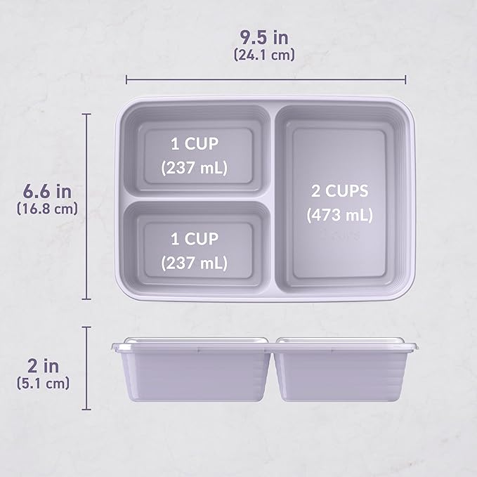 Bentgo Prep - 20-Piece 3-Compartment Reusable Meal Prep Containers with Lids, PFAS & BPA Free Materials, Durable, Microwave, Freezer, & Dishwasher Safe To Go Food Storage (Lilac)