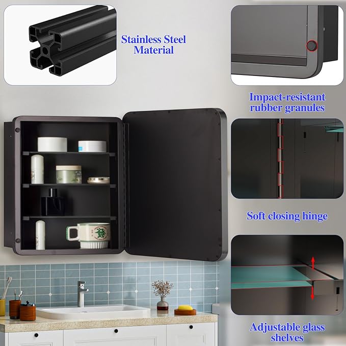 Bathroom Medicine Cabinet,20"x20" Square Mirror Door with Stainless Steel Frame,Recessed & Surface Wall Cabinet with Glass Shelves, Rust-Resistant Bathroom Storage Cabinet