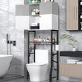 Over-The-Toilet Storage Rack, 4-Tier Bathroom Organizer Shelf Over Toilet with Barn Doors Cabinet and Basket, Freestanding Space Saver Bathroom Shelves with Paper Holder Above Toilet (Gray & White)