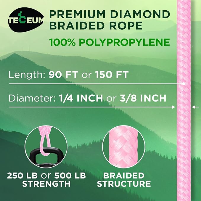 TECEUM Rope – 90 Feet x 1/4 Inch (7mm) – Pink – Strong All-Purpose Utility Rope – Camping, Crafting, Flag Pole, Indoor & Outdoor – Polypropylene Nylon Poly Lightweight Diamond Braided Cord