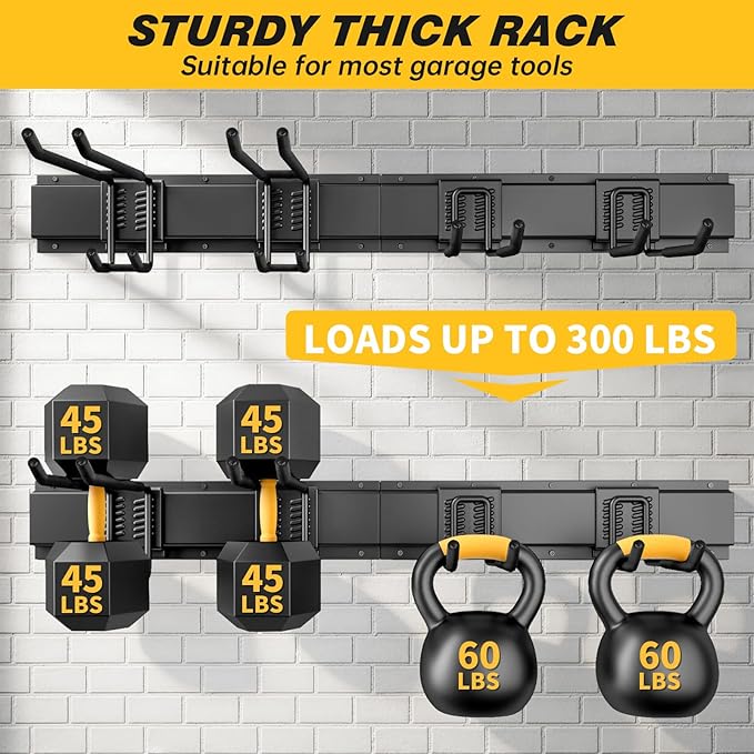 32 Inches Garage Storage, Garage Organization, Wall Mount Garden Tool Organizer, Max 300lbs Adjustable Metal Hooks, Yard Shed Hanging Rack, Heavy Duty Shelving for Rake Broom Mop Snowboard