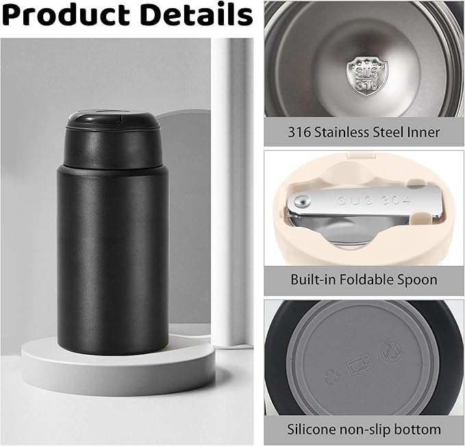 Thermo for Hot & Cold Food, 17oz Insulated Food Jar with Handle Spoon, Thermal Lunch Container, 316 Stainless Steel Lunch Box for Men Women, Keeps food Hot for 12 Hours or Cold for 24 Hours(Black)