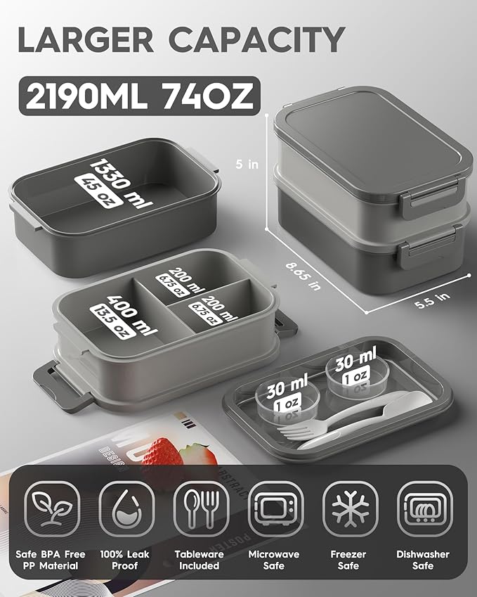Adults Bento Lunch Box Set with Thermo Bag, 74oz Stackable Leak-proof 3-tiers Bento Box, Built-in Utensil and Sauce Container for Work, School, Dining Out (Gray)