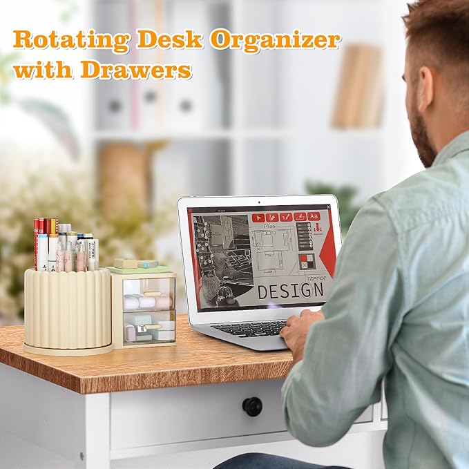 LETURE Rotating Office Desk Organizers and Accessories with 2 Drawer, Pencil Pen Marker Holder for Desk, Desktop Storage Organizers and Accessories for Office Home Art Supplies (Cream)