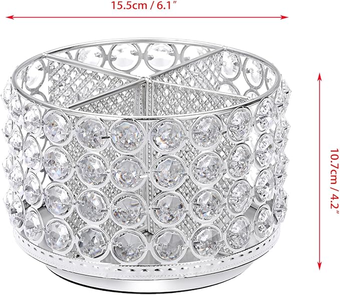 BTSKY Crystal 360 Degree Rotating Desk Organizer Decorative Storage Box with 4 Compartments, Glitter Metal Makeup Brush Holder Elegant Storage Caddy Home Decor Gift for Women, Round-4 Slots Silver