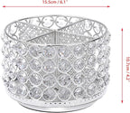 BTSKY Crystal 360 Degree Rotating Desk Organizer Decorative Storage Box with 4 Compartments, Glitter Metal Makeup Brush Holder Elegant Storage Caddy Home Decor Gift for Women, Round-4 Slots Silver