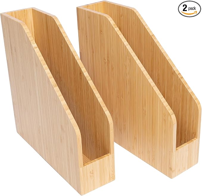 2 Pack Bamboo File Folder Holder Book Holder Frames Document Cabinet Rack Storage Organizer Small Magazine Shelf for Home ,Office