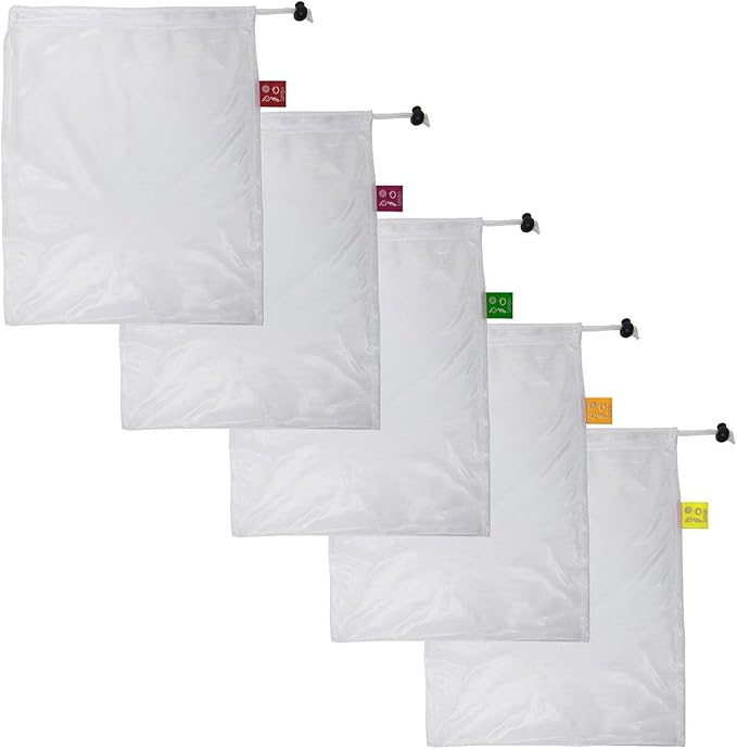 MESH PRODUCE BAGS Reusable and Washable with Color Coded Tags, Ideal for Grocery Shopping, Making Nut Milk, Washing and Storing Fruits and Vegetables, 5 Count, 12x14 Inches