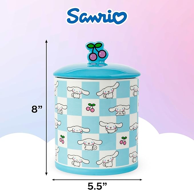 Silver Buffalo Sanrio Hello Kitty and Friends Cinnamoroll Cherries Blue Checkered Ceramic Cookie Snack Jar (Large)