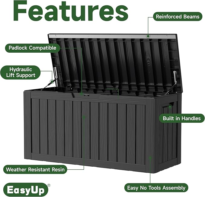 EasyUp 90 Gallon Outdoor Storage Box Waterproof, UV Resistant Resin Deck Box with Hydraulic Rod, Reinforced Stability for Patio, Garden, Striped Black