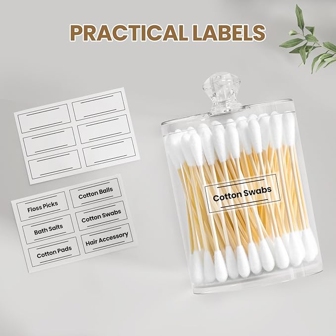 MateeyLife Qtip Holder 6 Pack, Acrylic Q-tip Dispenser for Cotton Pads, Swabs, Balls, Storage Containers for Organizing, Clear Bathroom Canisters with Lid, Apothecary Jars Home Decor Accessories Set