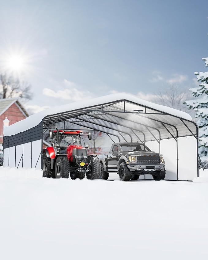 20x25FT Heavy Duty Metal Carport,Outdoor Portable Car Garage w/Led Light,Removable PE SideReinforced Base & Galvanized Steel Roof, Outdoor Car Port Canopy Shelter for Boats, Trucks