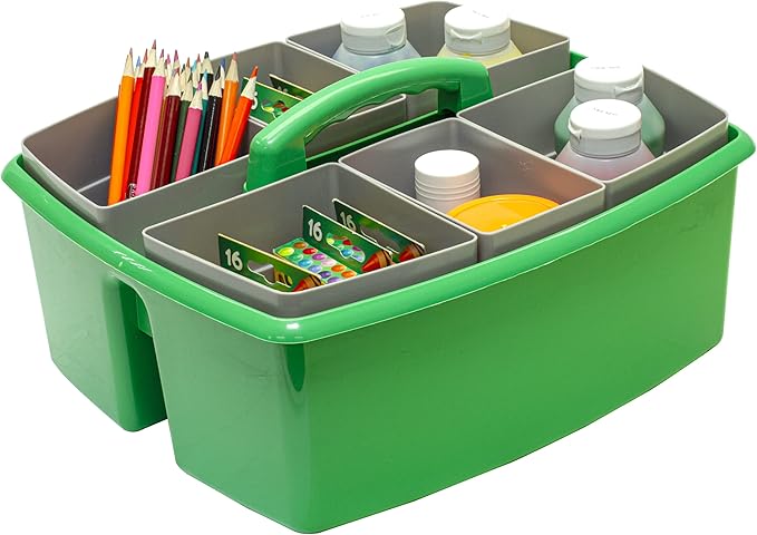 Storex Large Classroom Caddy with Cups, 13 x 11 x 6.575 Inches, Green, Case of 2 (00983U02C)