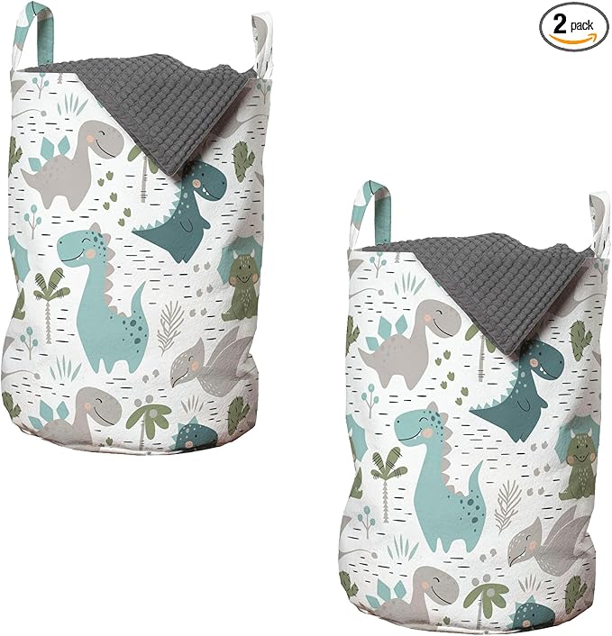 Ambesonne Cartoon Laundry Bag Pack of 2, Smiling Dinosaurs with Palm and Cactus, Hamper Basket with Handles Drawstring Closure, 13" x 19", White Seafoam