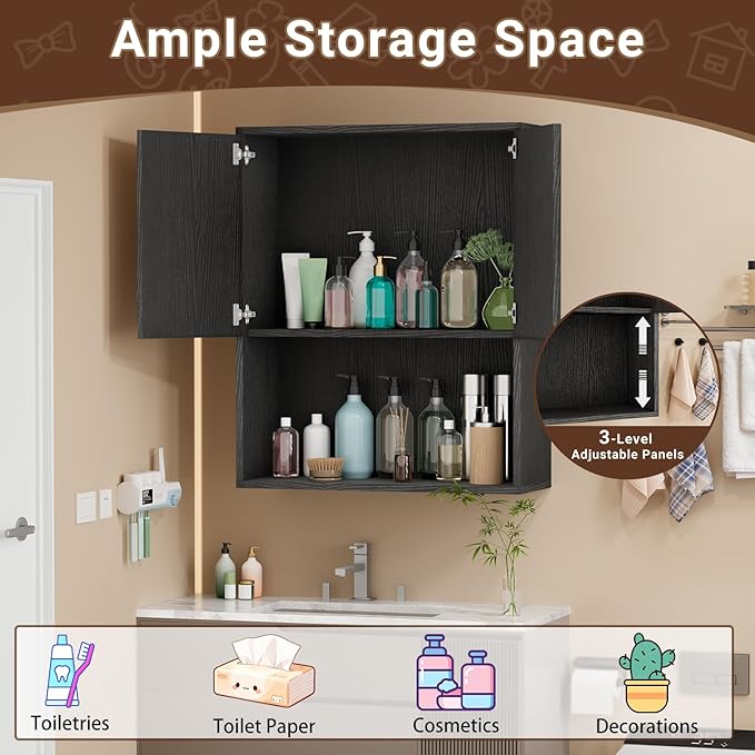 Fluted Bathroom Wall Cabinet Over the Toilet Storage,Wall Mounted Cabinet with Adjustable Shelf,Floating Cabinet Organizer Hanging Cabinet,Kitchen and Laundry Room Cabinets (Black, 1 PC)