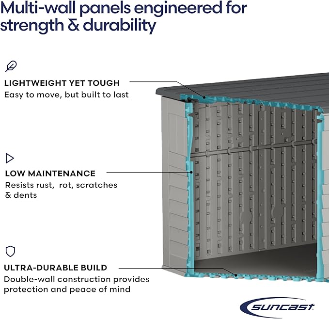 Suncast 5.9 ft. x 3.7 ft Horizontal Stow-Away Storage Shed - Natural Wood-Like Outdoor Storage for Trash Cans and Yard Tools - All-Weather Resin, Hinged Lid, Reinforced Floor - Made in The USA