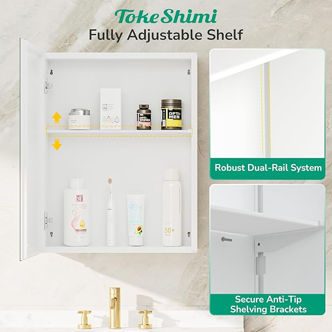 TokeShimi 14 x 18 Recessed Medicine Cabinet for Bathroom, Assembly Required, White Medicine Cabinet with Mirror, Tempered Beveled Mirror, Stepless Adjustable Shelves, DTC Hinge
