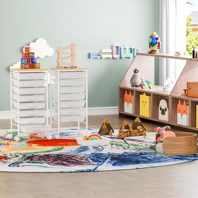 Rolling Cart with 8 Drawers, Storage Drawers Cart with Wooden Tabletop and Lockable Wheels, Utility Cart for Living Room, Office, Classroom, Craft Room, White