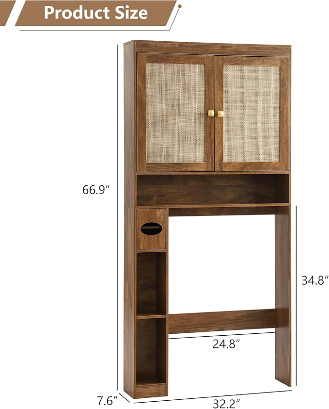 KIGOTY Over The Toilet Storage Cabinet, Bathroom Storage Organizer with 2 Doors, Toilet Rack with Adjustable Shelf,Freestanding Space-Saving Storage Rack for Toilet, Laundry Room,Brown