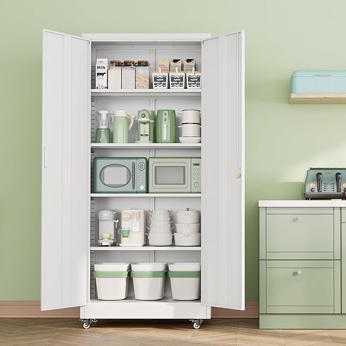 INTERGREAT Metal Storage Cabinet with Wheels, 73" H Rolling Metal Cabinets with Doors and Shelves, White Steel Lockable Cabinet on Wheels for Garage Storage