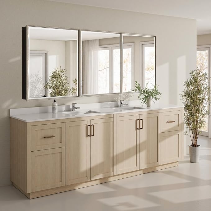 Pre-Assembled Surface or Recessed Medicine Cabinet Mirror-72x30 Brushed Nickel Bathroom Medicine Cabinet with Mirror & Rustproof Aluminum Frame, Beveled Bathroom Vanity Mirror with Storage