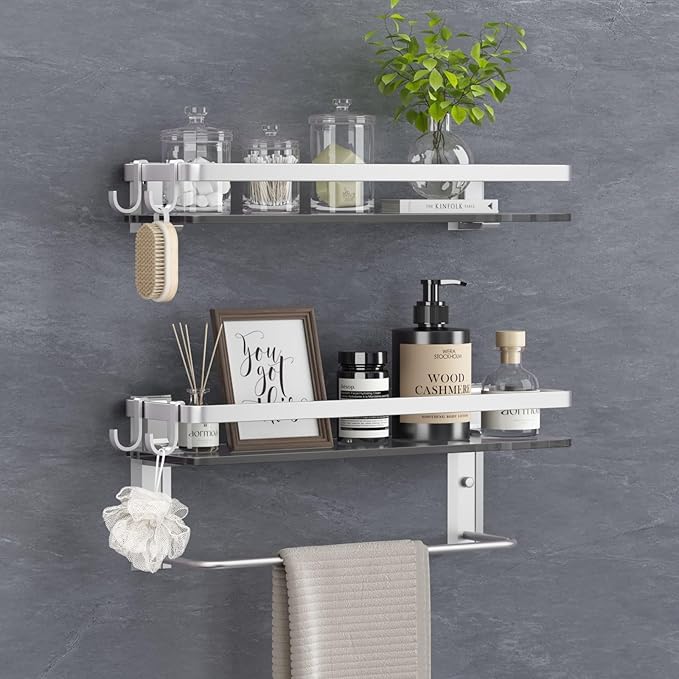 VOLPONE Glass Shelf for Bathroom 15.7 in Bathroom Shelves with Towel Bar Tempered Glass Shelves with 4 Removable Hooks for Wall（2 Tier）
