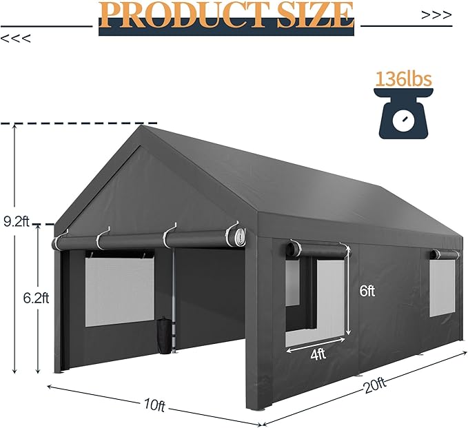 Shintenchi Carport 10' x 20' Heavy Duty Portable Garage, Carport Canopy with Side-Opening Door & Roll-Up Windows, Car Canopy for Truck,Car,Grey