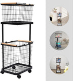 2 Tier Laundry Sorter,Metal Laundry Basket With Wheels,Vertical Rolling Laundry Cart for Bathroom Storage & Laundry Room