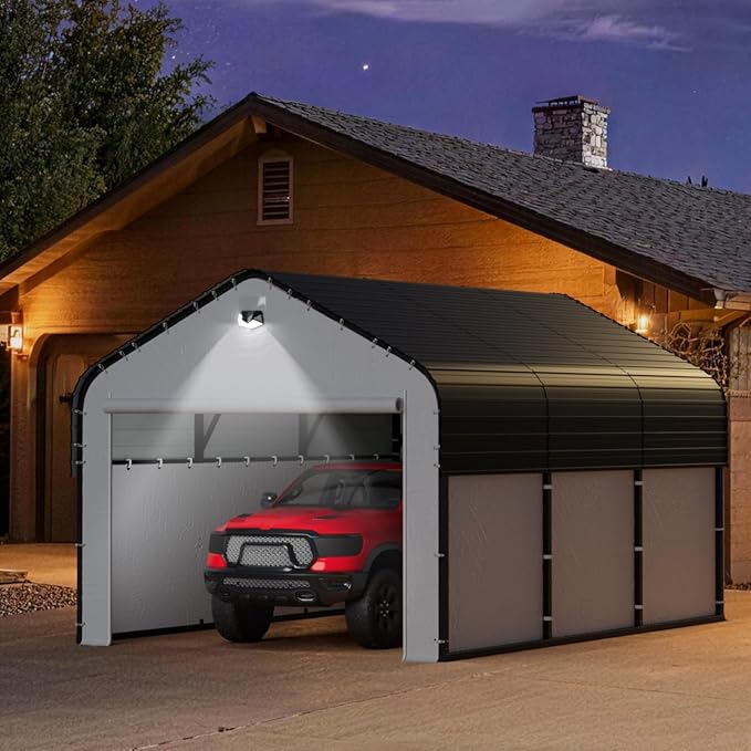 10x16 Metal Carport, Heavy Duty 2-Car Carport Canopy, CarPorts with Removable Polyethylene Sidewalls, Galvanized Steel Roof Car Tent Garage