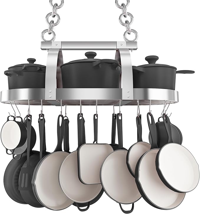 KES 34 Inch Heavy Duty Chrome Hanging Pot Rack Ceiling Mount, Oval Pot and Pan Hanging Rack, Pan Hanger for Kitchen Storage Organizer with 20 S Hooks (For 16" and 24" Ceiling Joist), KUR221S85-CH