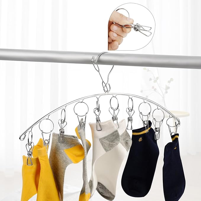 Toplife Clothes Hanger with 10 Clips, Stainless Steel, Windproof, for Drying Socks, Bras, Underwears, Baby Clothes, Hats, Scarfs, Towels, Pants and Gloves, Set of 4 (Outdoors)