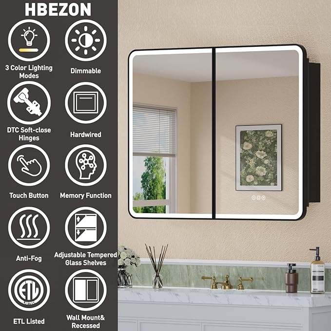 32 x 30 Inch LED Medicine Cabinet with Mirror, UL Certified Dimmable Lighted Bathroom Mirror Cabinet, Anti-Fog & Memory Function, 3 Color Modes, Recessed or Wall Mounted, Adjustable Shelf, Black