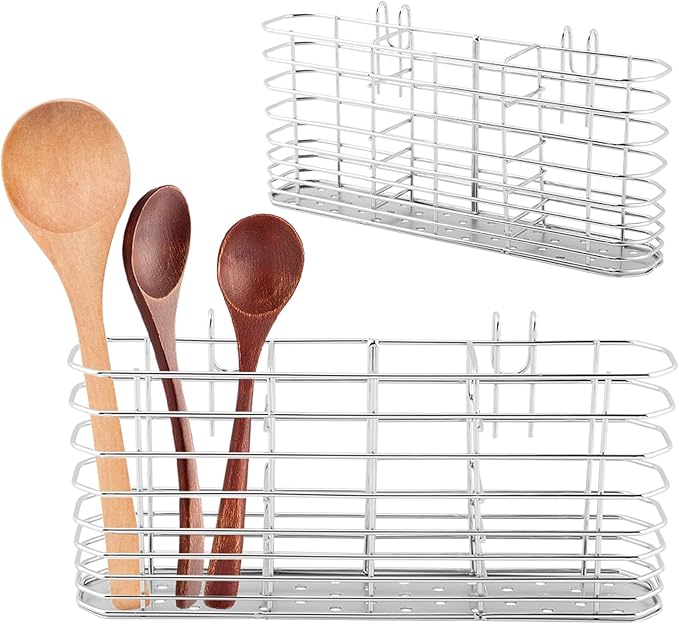 304 Stainless Steel Utensil Holder,Kitchen Utensil Organizer with 3Divided Compartments,Flatware Storage Basket with Hooks for Dish Drying Rack Sink Dish Drainer in KitchenBathroom