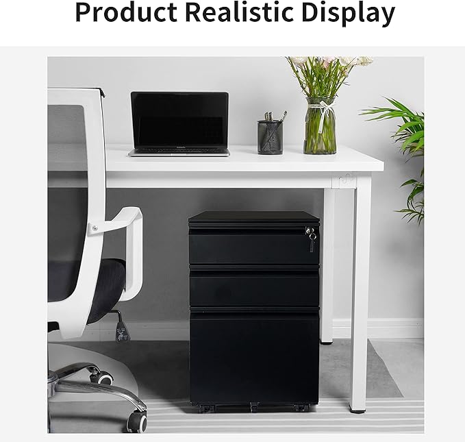 3-Drawer Mobile File Cabinets Rolling ，Vertical Metal Filing Cabinet for Legal & Letter File Anti-tilt Design with Lock Under Desk Office Drawers Fully Assembled (Black)