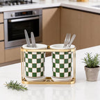 Ceramic Checkered Utensil Crocks with Gold Metal Rack, Black & White Grid Kitchen Utensil Storage, Farmhouse Kitchen Decor, Flatware Organizer & Home Accessory (Green)