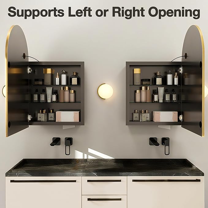 Arched Medicine Cabinet Mirror No Assembly Needed Bathroom Mirror with Storage Recessed or Surface Mount Options (Gold-LED, 31.5" L x 19.7" W)
