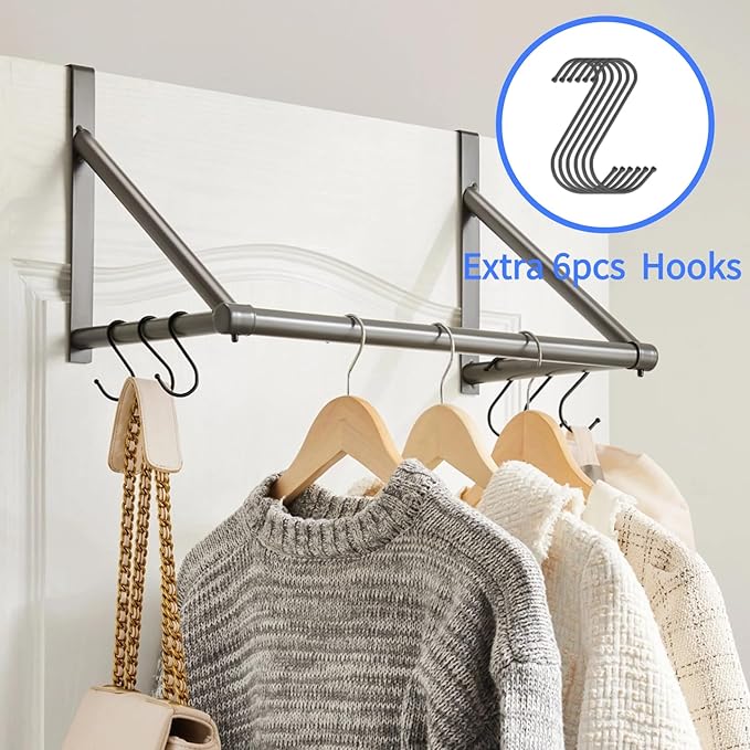 Over The Door Clothes Hanger,Metal Over Door Clothes Drying Rack with 6 Hooks,Laundry Drying Rack Rod for Laundry, Bedroom, Washroom, Closet,Fits Door Up to 1.97", (Dark Gray)