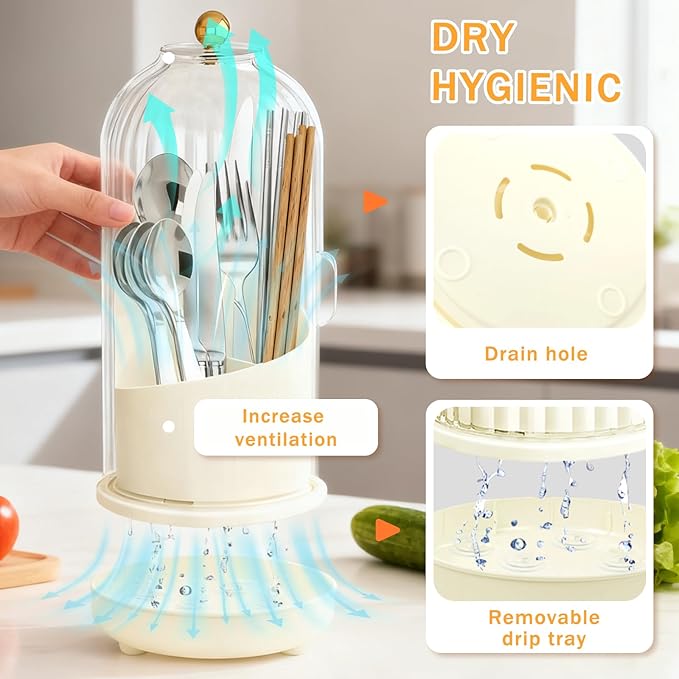 Kitchen Utensil Holder with Sliding Lid and Draining Tray, Self Draining 360° Rotating 3-Slot Kitchen Countertop Organizer Cooking Utensil Crock for Flatware Chopsticks Spoon Spatula Cutlery (White)