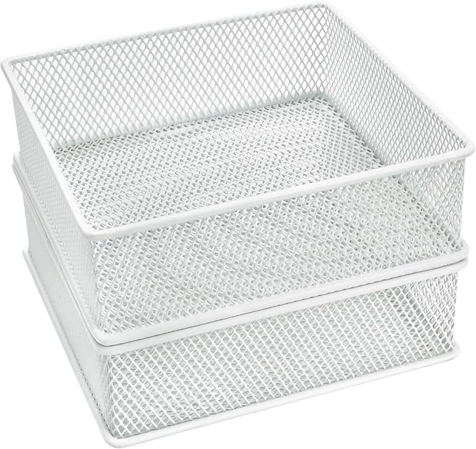 Annova Mesh Stackable Drawer Cabinet and Shelf Organizer Bins Storage Basket School Office Supply Holder Tray- Set of 2 (White, 6x6x2 Inch)